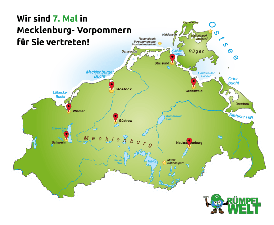 Karte von Mecklenburg-Vorpommern mit Rümpelwelt-Standorte